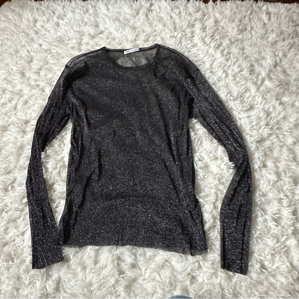 Brand New Zara Sheer Metallic Shimmer Top – Long Sleeve, Black, Size Large